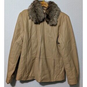 Columbia Leather Coat Tan Women's Size L Large Fur Collar Full Zip